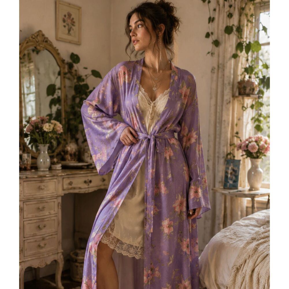 Y2K Lavender Floral Duster Robe Romantic Cottagecore Lounge Kimono Belted M